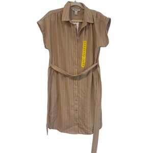 Nine West Jeans Tan Pinstripe Button Front Belted Shirt Dress Womens Medium